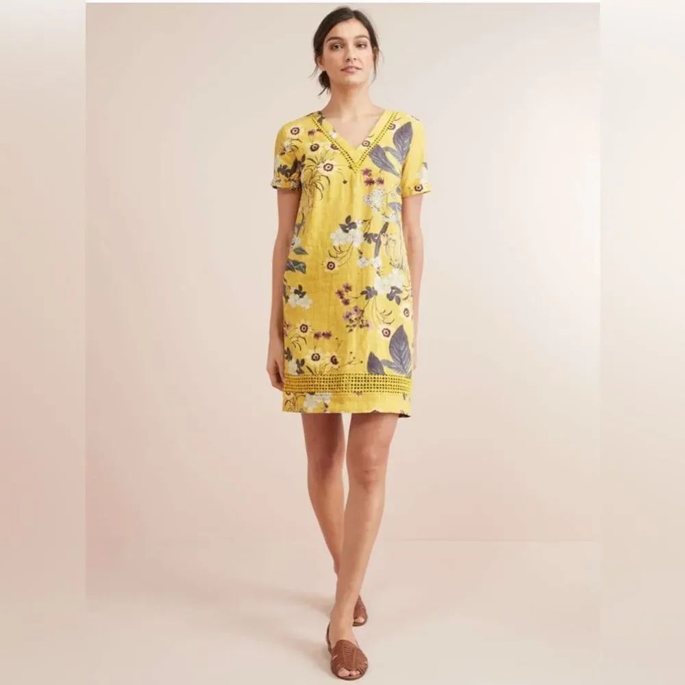 Next Yellow Floral Print Linen V-Neck Short Sleeve Woven Sheath Dress  XL
